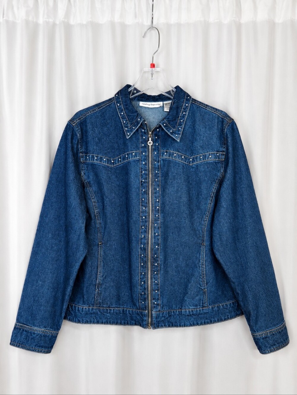 Cathy Daniels Rhinestone Studded Western Full Zip Dark Denim Cotton Jean Jacket